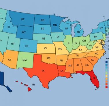 Średnia roczna temperatura w każdym stanie USA