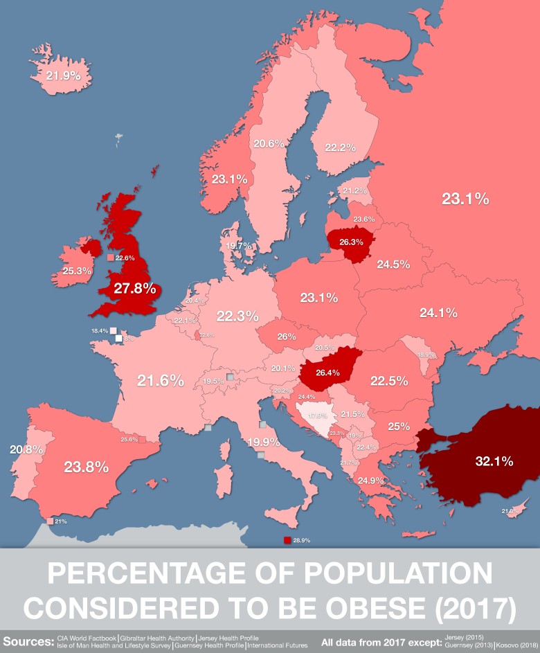 Procent populacji uważanej za otyłą w Europie