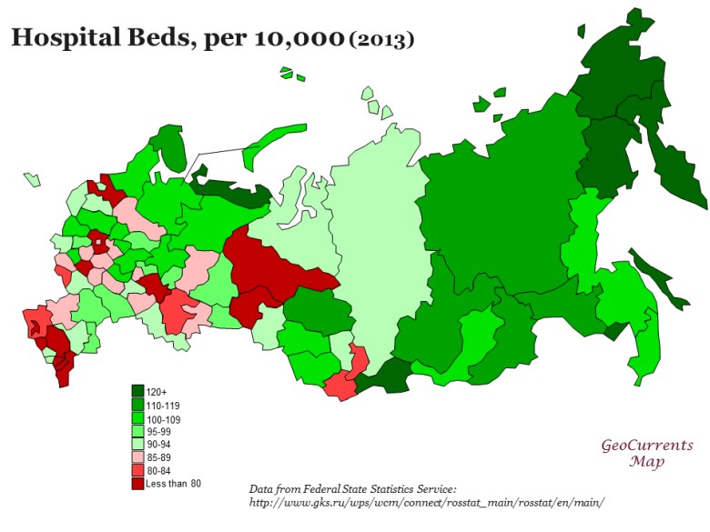 Łóżka szpitalne na 10 000 mieszkańców w Rosji, 2013