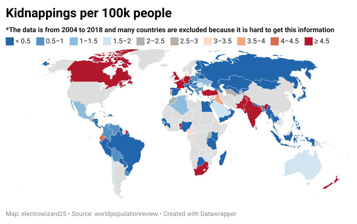 Porwania na 100 tys. mieszkańców w poszczególnych państwach świata