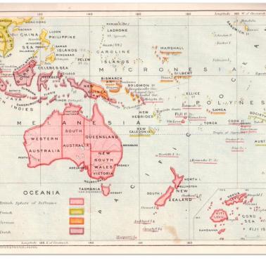 Mapa Oceanii z 1908 r. przedstawiająca terytoria rządzone przez Europejczyków