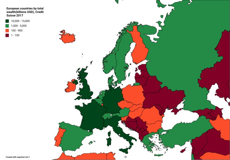 Kraje europejskie według całkowitego bogactwa, dane Credit Suisse 2017