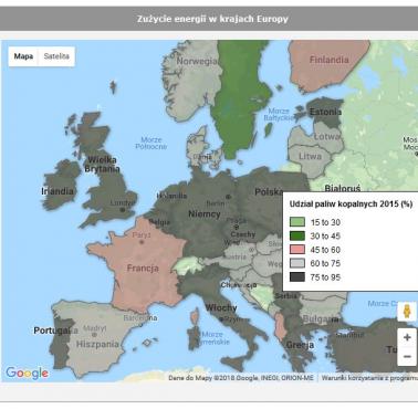Udział paliw kopalnych w Europie, 2015