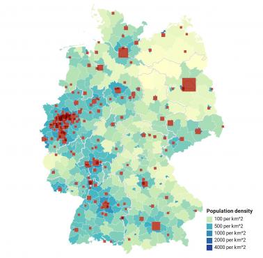 Gęstość zaludnienia w niemieckich miastach ponad 50000 mieszkańców