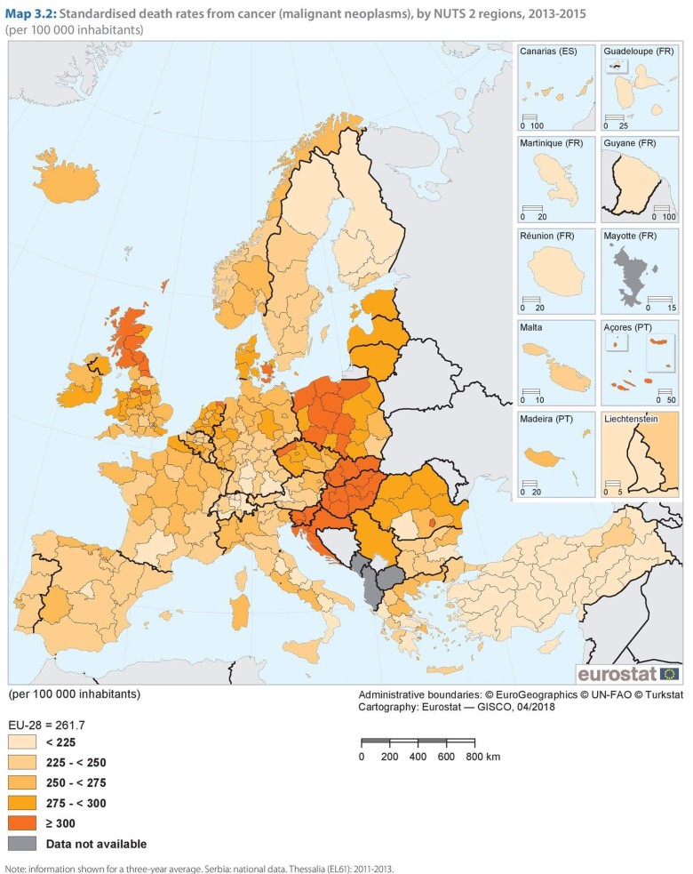 Zgony z powodu raka w Europie, 2013-2015
