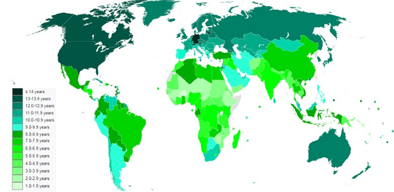 Mapa krajów według mediany lat nauki