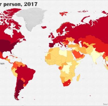 Konsumpcja (podaż) mięsa na świecie na osobę, 2017
