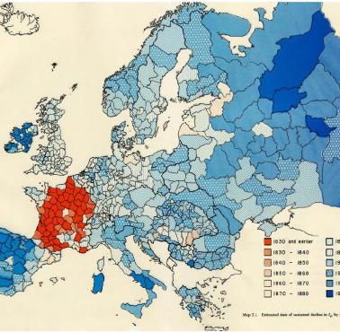 Szacowana data trwałego spadku współczynnika dzietności w podziale na prowincje Europy, 1830-1930