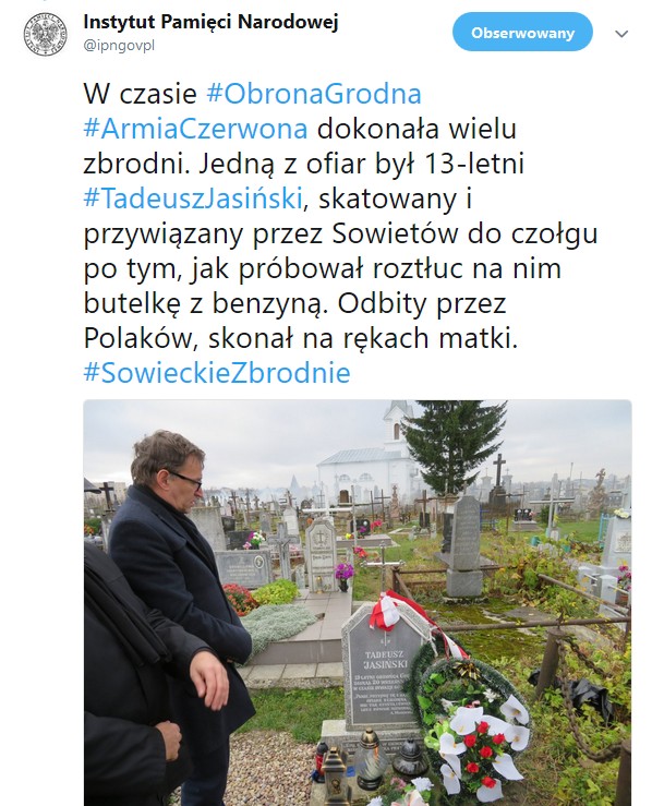 W czasie obrony Grodna Armia Czerwona dokonała wielu zbrodni. Jedną z ofiar był 13-letni Tadeusz Jasiński ...