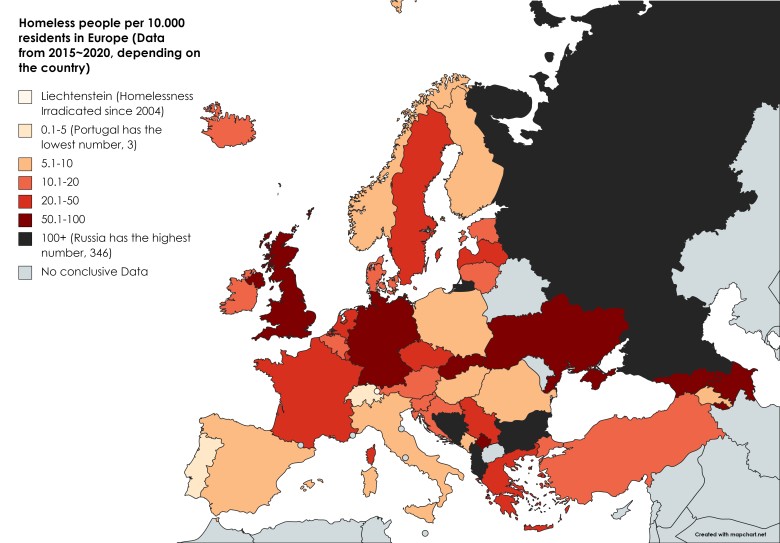 Odsetek bezdomnych na 10 tys. mieszkańców, Europa, 2015-2020