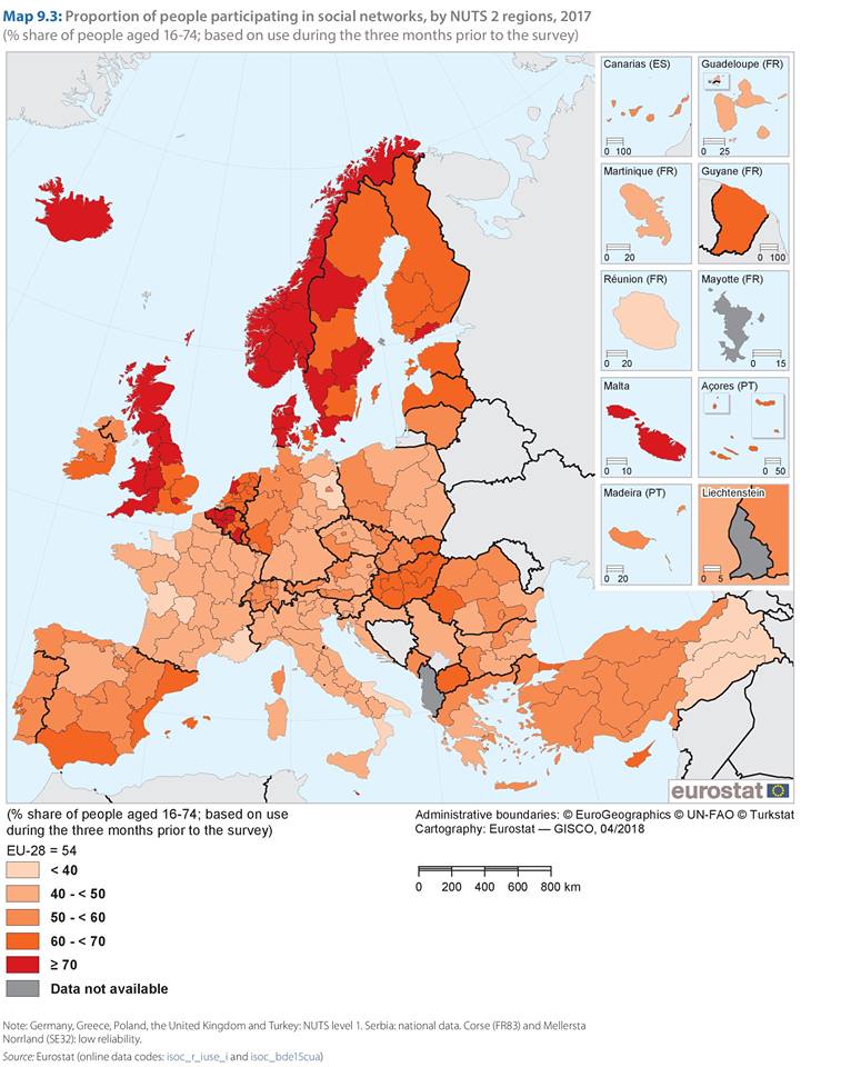 Popularność mediów społecznościowych w całej Europie, Eurostat, 2018