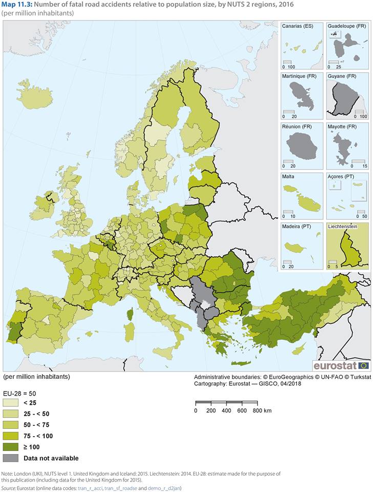 Liczba śmiertelnych wypadków drogowych na 1 milion osób w Europie, 2016