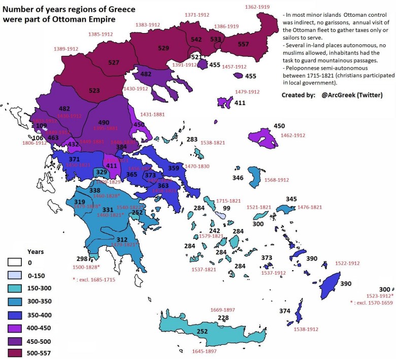 Liczba lat, w których poszczególne regiony Grecji były częścią Imperium Osmańskiego