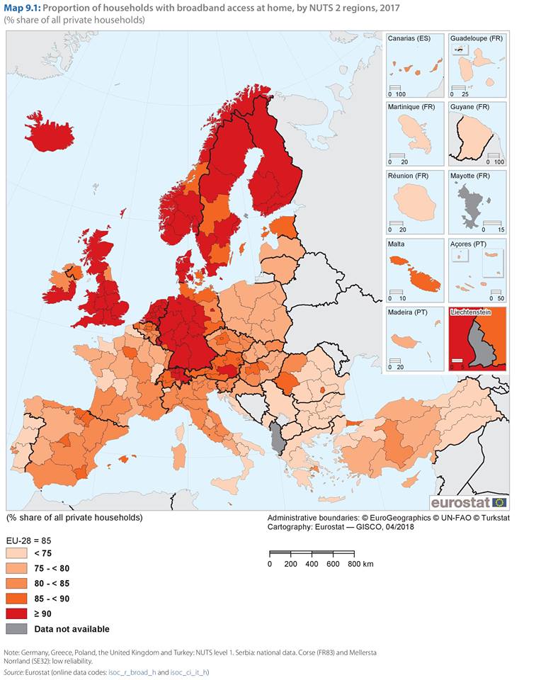 Gospodarstwa domowe z dostępem do szerokopasmowego internetu, 2017