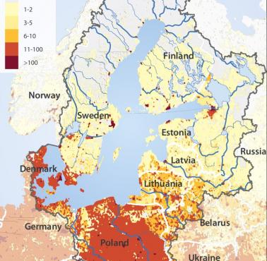 Gęstość zaludnienia w zlewisku Morza Bałtyckiego
