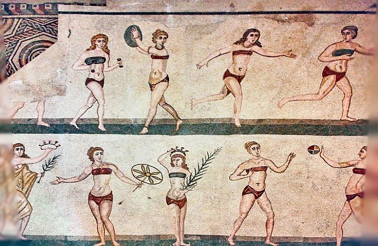 Rzymska mozaika ścienna z IV wieku przedstawiająca kobiety uprawiające sport i ćwiczenia w strojach bikini