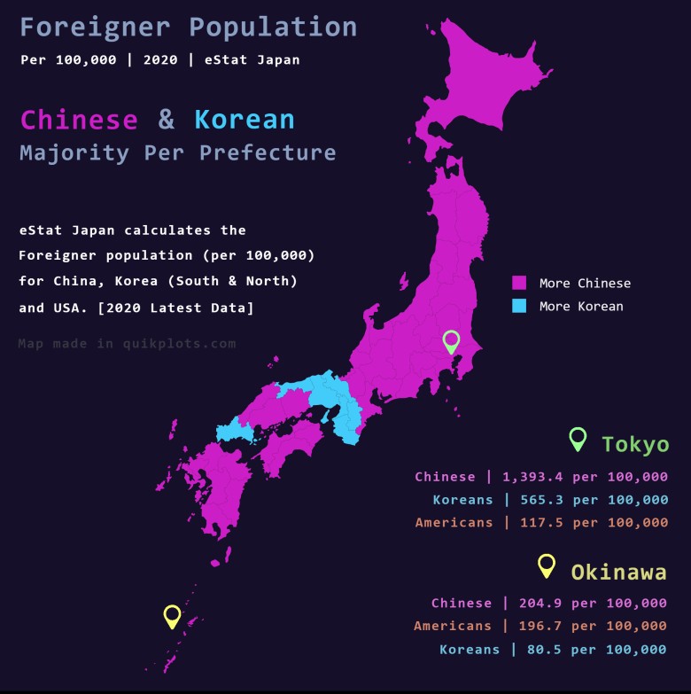 Amerykanie, Koreańczycy i Chińczycy w Japonii na 100 tys. mieszkańców Wysp, 2020
