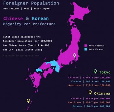 Amerykanie, Koreańczycy i Chińczycy w Japonii na 100 tys. mieszkańców Wysp, 2020