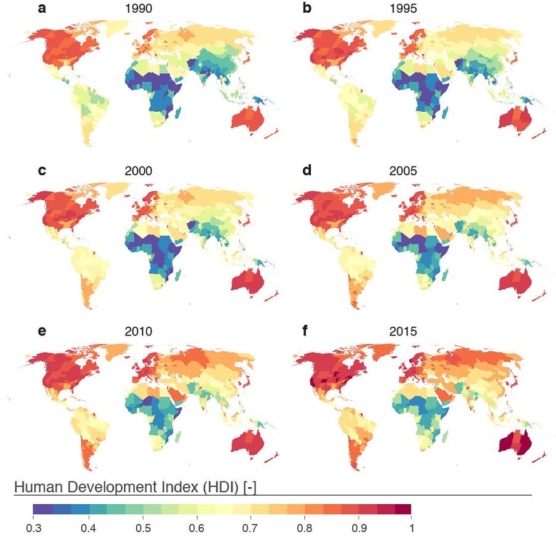 Wskaźnik rozwoju społecznego HDI (od ang. Human Development Index) od 1990 do 2015