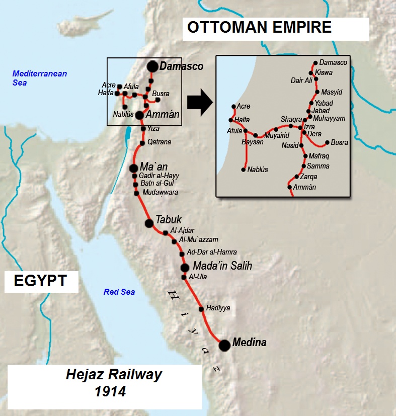 Kolej Hejaz w Arabii Zachodniej z Damaszku do Medyny miała 1300 km, zbudowana została w latach 1900-1908