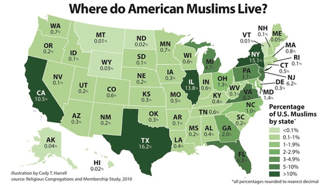 Odsetek muzułmanów w USA z podziałem na stany, 2010