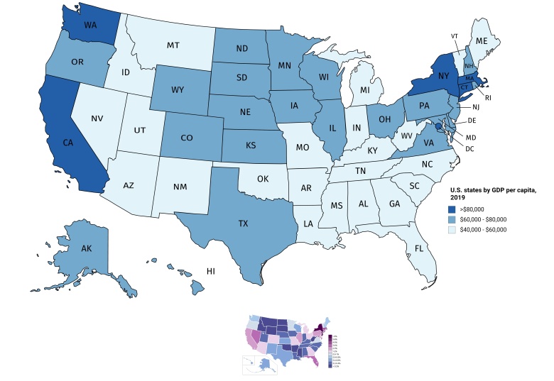 Procent Żydów w poszczególnych stanach USA (powyżej średniej), 2019