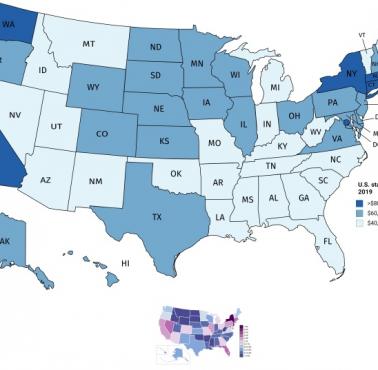 Procent Żydów w poszczególnych stanach USA (powyżej średniej), 2019