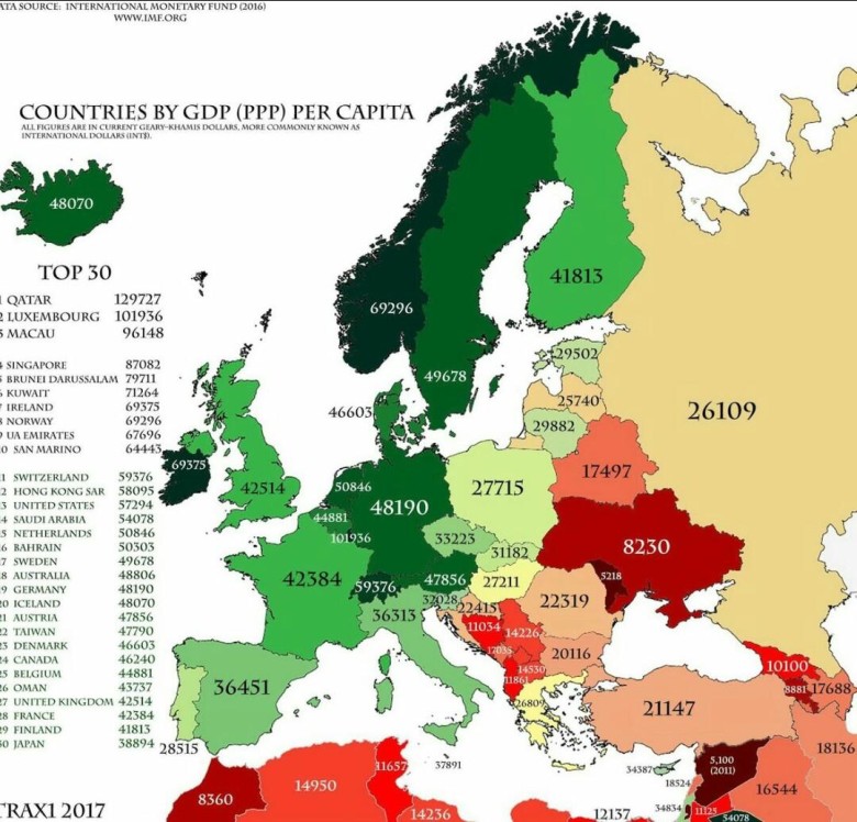 PKB na mieszkańca w Europie, 2017