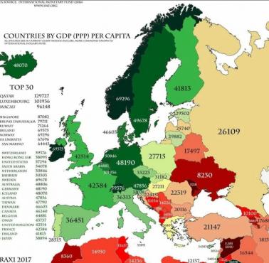 PKB na mieszkańca w Europie, 2017