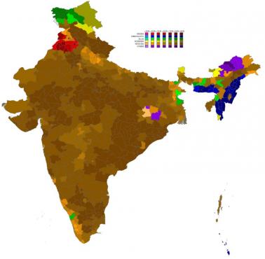 Mapa dominujących religii w poszczególnych dystryktach Indii, według spisu ludności, 2011