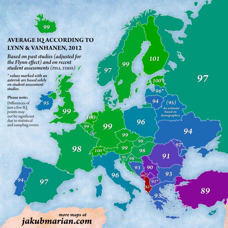 Średni iloraz inteligencji w Europie, 2012