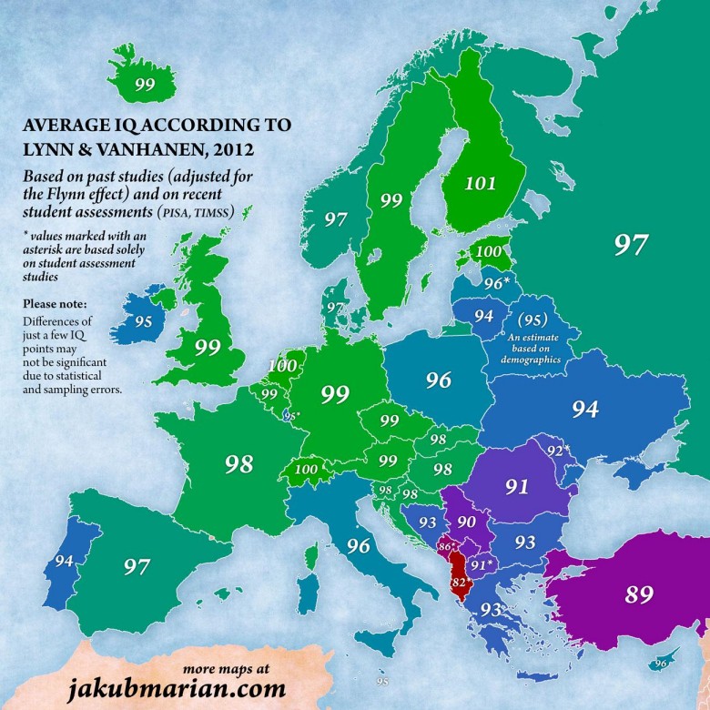 Średnie IQ w Europie, 2012, Lynn