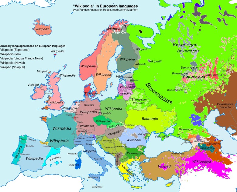 Słowo wikipedia w różnych europejskich językach