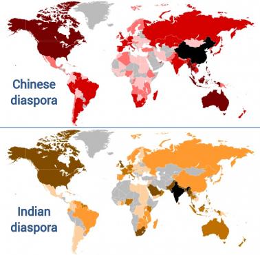 Największe na świecie zamorskie grupy etniczne: diaspora chińska (ok.40 mln osób) i diaspora indyjska (ok.32 mln osób)
