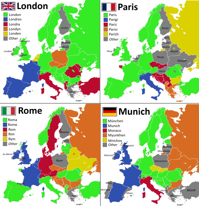 Nazwa Londynu, Paryża, Rzymu i Monachium w językach europejskich