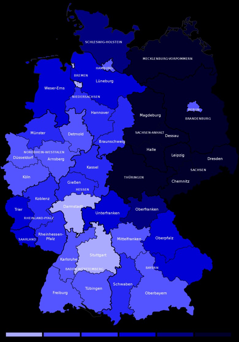 Odsetek rdzennych Niemców w poszczególnych landach, 2016