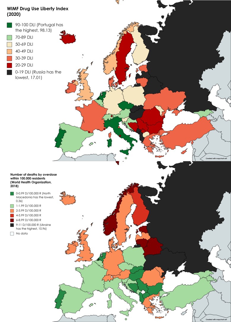 Wskaźniki śmiertelności z powodu przedawkowania narkotyków w Europie na 100 tys. mieszkańców, 2018, WIMF Drug Use Liberty Index