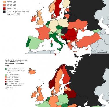 Wskaźniki śmiertelności z powodu przedawkowania narkotyków w Europie na 100 tys. mieszkańców, 2018, WIMF Drug Use Liberty Index