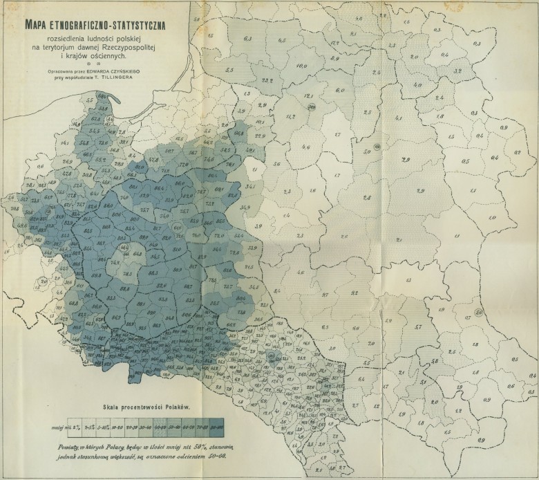Polska mapa etnograficzna z 1912 roku według przedwojennych spisów ludności