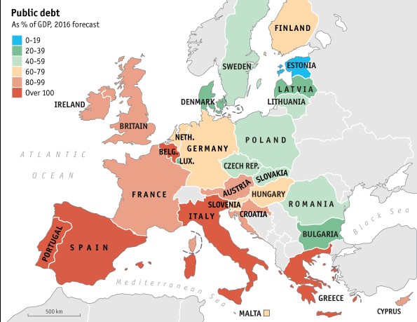 Zadłużenie Europy jako procent PKB według krajów, 2018