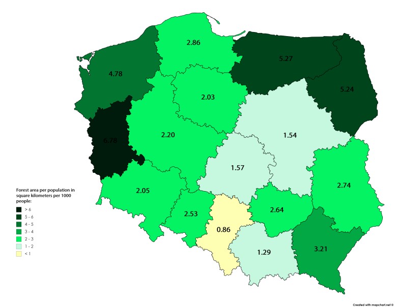 Powierzchnia lasów przypadających na ludność w Polsce