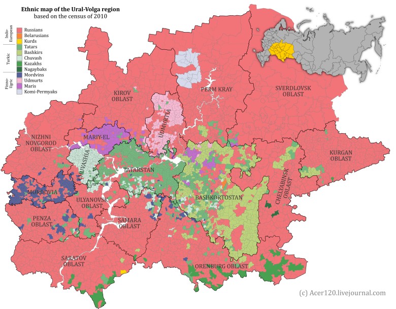 Mapa etniczna regionu Ural-Wołga, Rosja