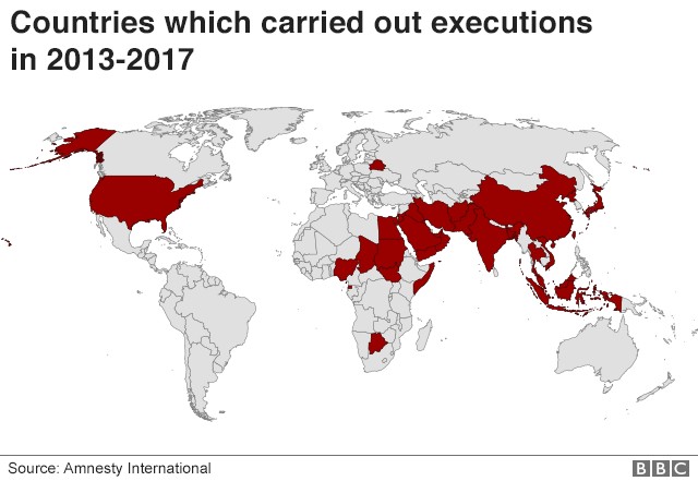 Kraje, które przeprowadziły egzekucje w latach 2013 - 2017, BBC, Amnesty International