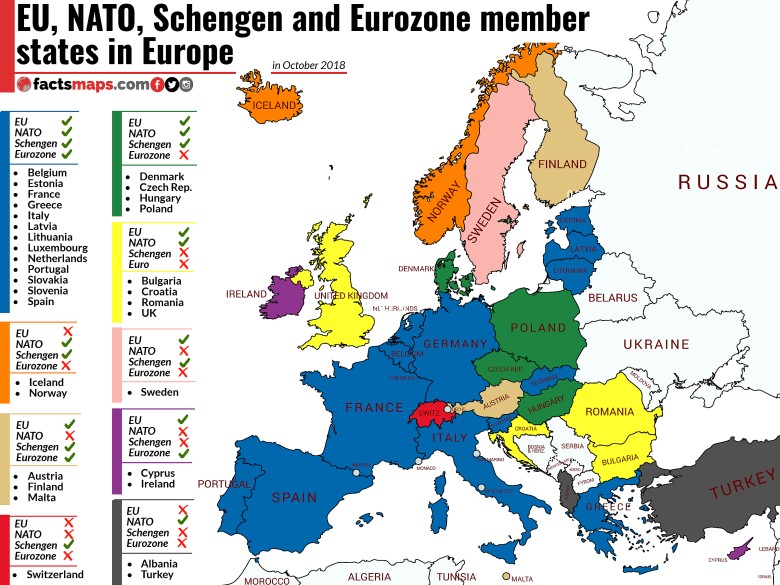 UE, NATO, Schengen i kraje strefy euro w Europie, 2018