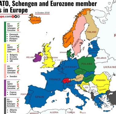 UE, NATO, Schengen i kraje strefy euro w Europie