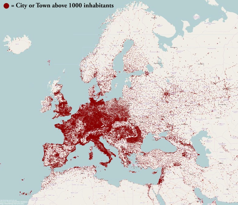 Gęstość zaludnienia Europy i jej okolic (miasta> 1000 mieszkanców)