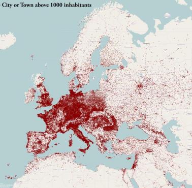 Gęstość zaludnienia Europy i jej okolic (miasta> 1000 mieszkanców)