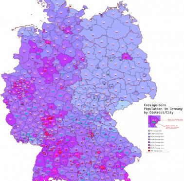 Ludność urodzona za granicą w Niemczech z podziałem na jednostki administracyjne (Polacy, Turcy, Syryjczycy ...), 2022