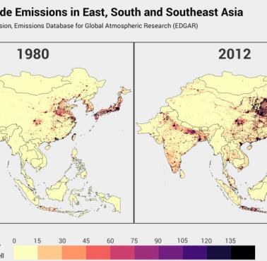 Emisja CO2 we wschodniej, południowej i południowo-wschodniej Azji. 1980 vs. 2012