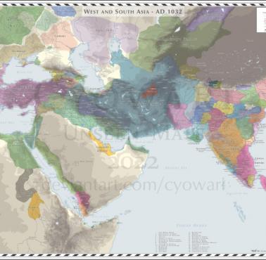 Mapa Azji Zachodniej i Południowej w 1032 r n.e.